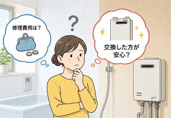 壊れた給湯器を修理するか交換するかで悩む女性