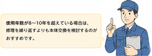 使用年数が８～10年を超えている場合は修理より交換を検討するのがおすすめと解説する作業員