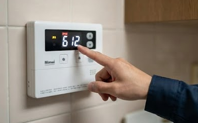 給湯器リモコンに表示されたエラー「612」を指さす業者の手